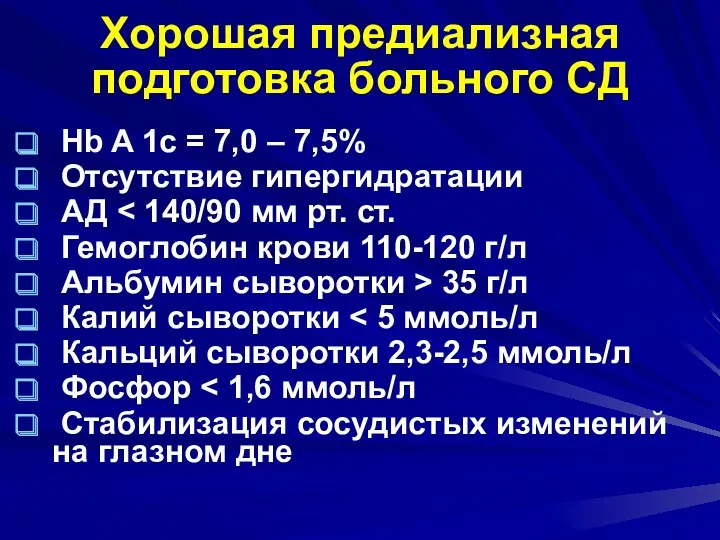 Хорошая предиализная подготовка больного СД Hb A 1c = 7,0