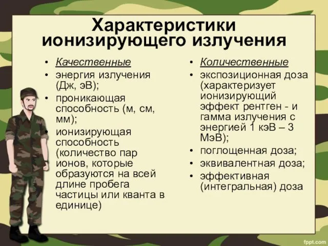 Характеристики ионизирующего излучения Качественные энергия излучения (Дж, эВ); проникающая способность