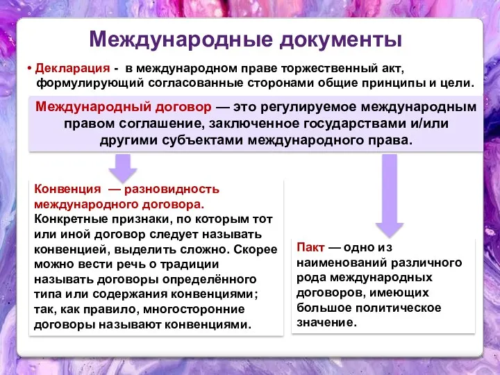 Декларация - в международном праве торжественный акт, формулирующий согласованные сторонами общие принципы и