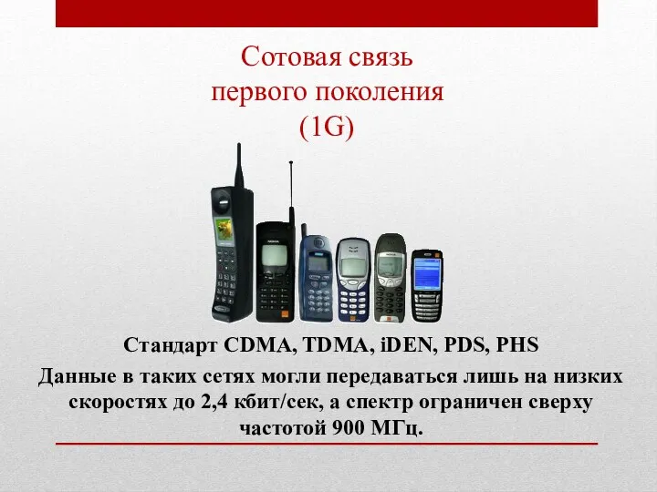 Сотовая связь первого поколения(1G) Стандарт CDMA, TDMA, iDEN, PDS, PHS