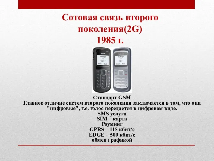 Сотовая связь второго поколения(2G) 1985 г. Стандарт GSM Главное отличие