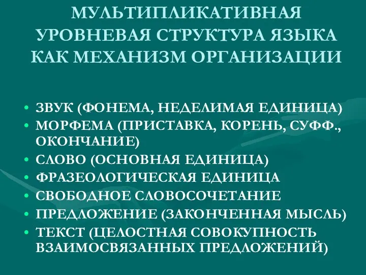 МУЛЬТИПЛИКАТИВНАЯ УРОВНЕВАЯ СТРУКТУРА ЯЗЫКА КАК МЕХАНИЗМ ОРГАНИЗАЦИИ ЗВУК (ФОНЕМА, НЕДЕЛИМАЯ