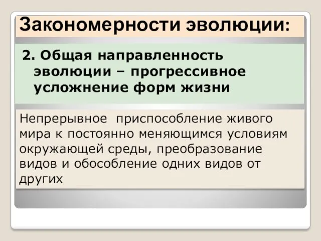 2. Общая направленность эволюции – прогрессивное усложнение форм жизни Закономерности