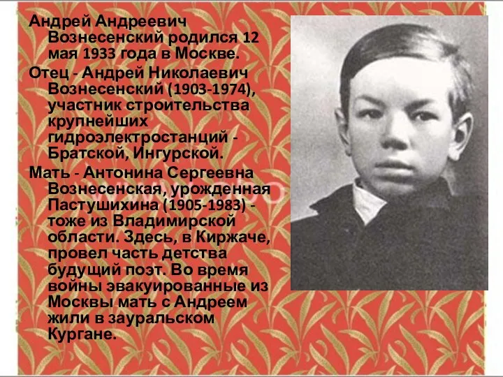 Андрей Андреевич Вознесенский родился 12 мая 1933 года в Москве. Отец - Андрей