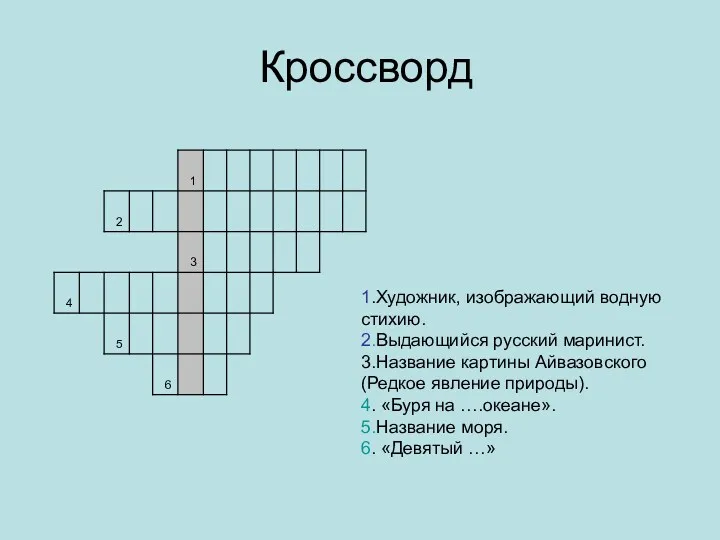 Кроссворд 1.Художник, изображающий водную стихию. 2.Выдающийся русский маринист. 3.Название картины