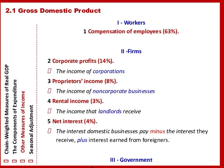 I - Workers 1 Compensation of employees (63%). II -Firms