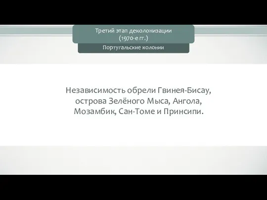 Португальские колонии Третий этап деколонизации (1970-е гг.) Независимость обрели Гвинея-Бисау,