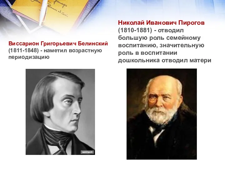 Виссарион Григорьевич Белинcкий (1811-1848) - наметил возрастную периодизацию Николай Иванович Пирогов (1810-1881) -