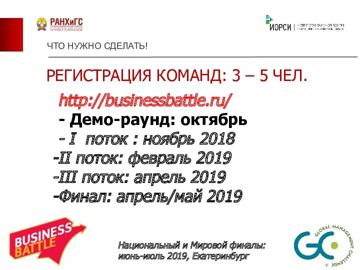 ЧТО НУЖНО СДЕЛАТЬ! РЕГИСТРАЦИЯ КОМАНД: 3 – 5 ЧЕЛ. http://businessbattle.ru/ - Демо-раунд: октябрь
