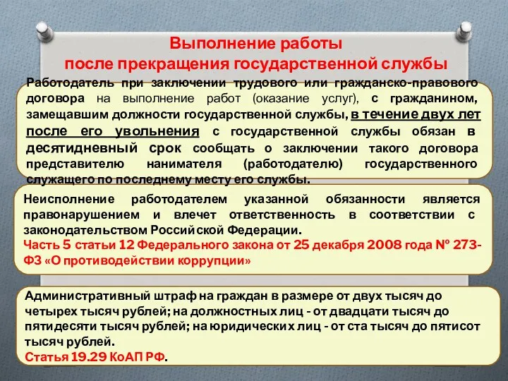 Выполнение работы после прекращения государственной службы Неисполнение работодателем указанной обязанности