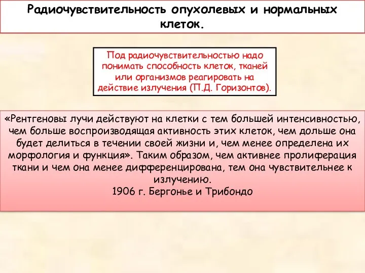 Радиочувствительность опухолевых и нормальных клеток. Под радиочувствительностью надо понимать способность клеток, тканей или