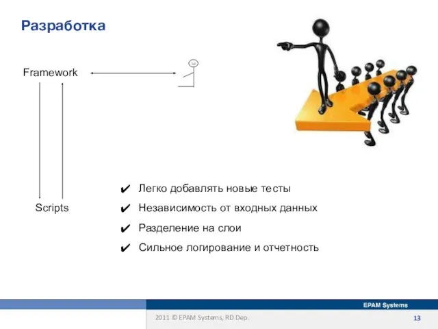 Разработка Легко добавлять новые тесты Независимость от входных данных Разделение на слои Сильное логирование и отчетность