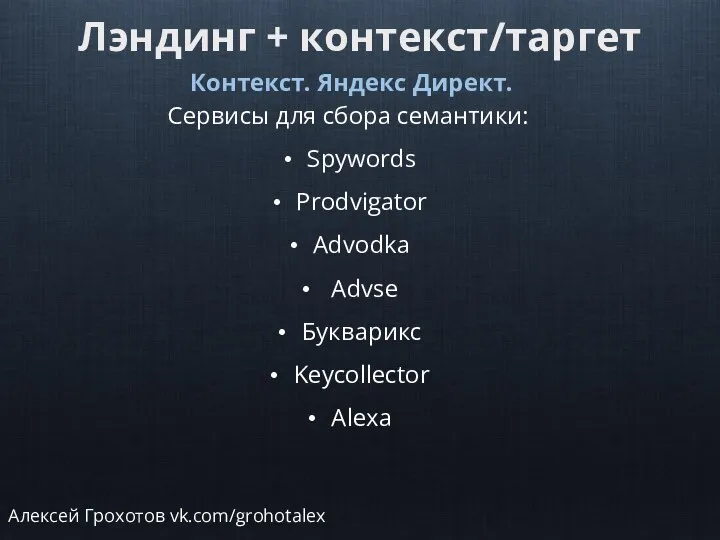 Лэндинг + контекст/таргет Контекст. Яндекс Директ. Сервисы для сбора семантики: