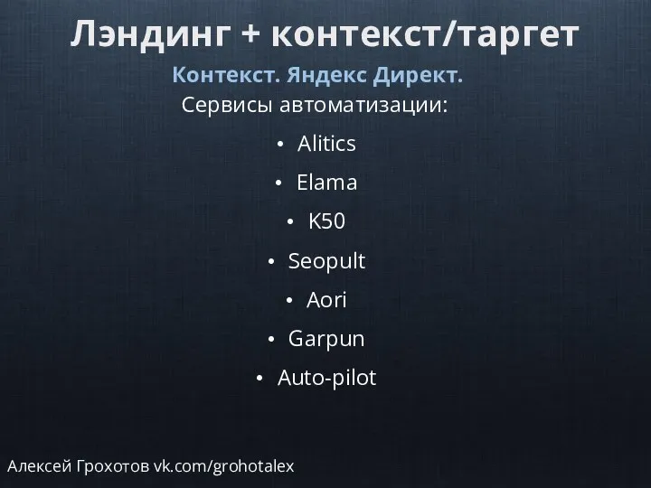 Лэндинг + контекст/таргет Контекст. Яндекс Директ. Сервисы автоматизации: Alitics Elama