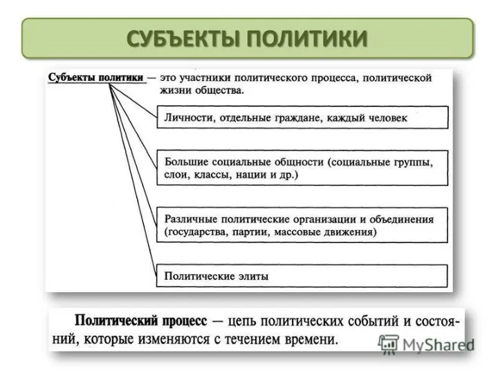 Политическая деятельность и общество Субъекты политики - это конкретно-политические носители