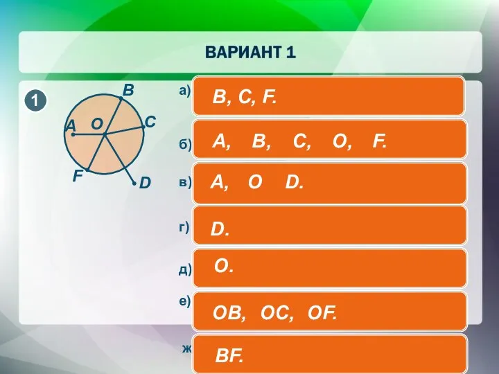 ж) диаметр окружности: в) точки, которые не принадлежат окружности: б)