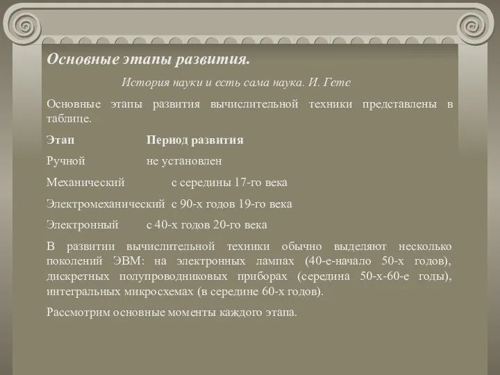 Основные этапы развития. История науки и есть сама наука. И. Гете Основные этапы