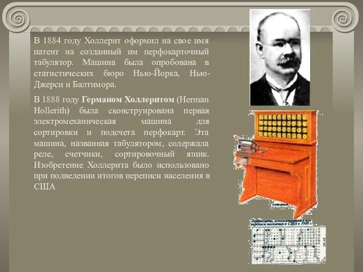 В 1884 году Холлерит оформил на свое имя патент на созданный им перфокарточный