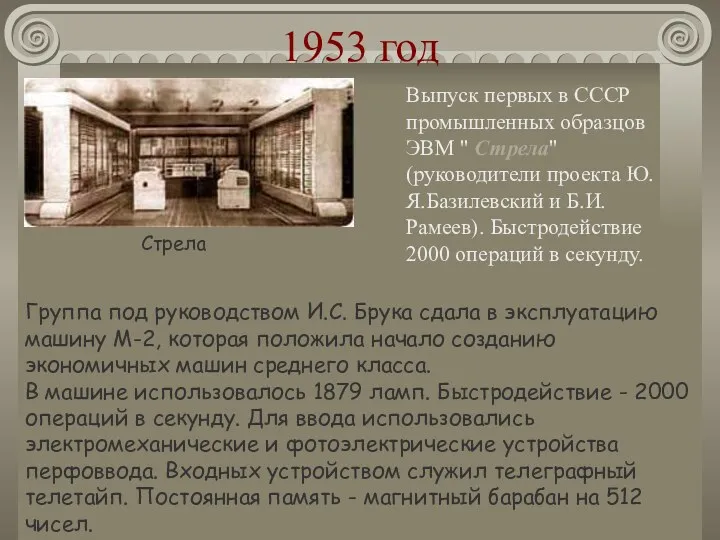 1953 год Выпуск первых в СССР промышленных образцов ЭВМ " Стрела" (руководители проекта