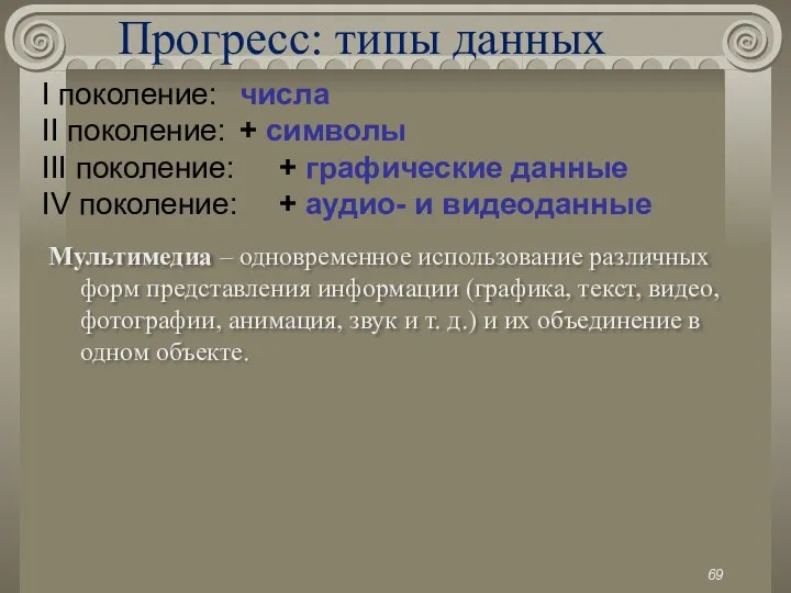 Прогресс: типы данных I поколение: числа II поколение: + символы