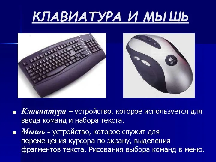 КЛАВИАТУРА И МЫШЬ Клавиатура – устройство, которое используется для ввода
