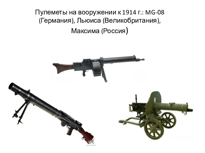 Пулеметы на вооружении к 1914 г.: MG-08 (Германия), Льюиса (Великобритания), Максима (Россия)