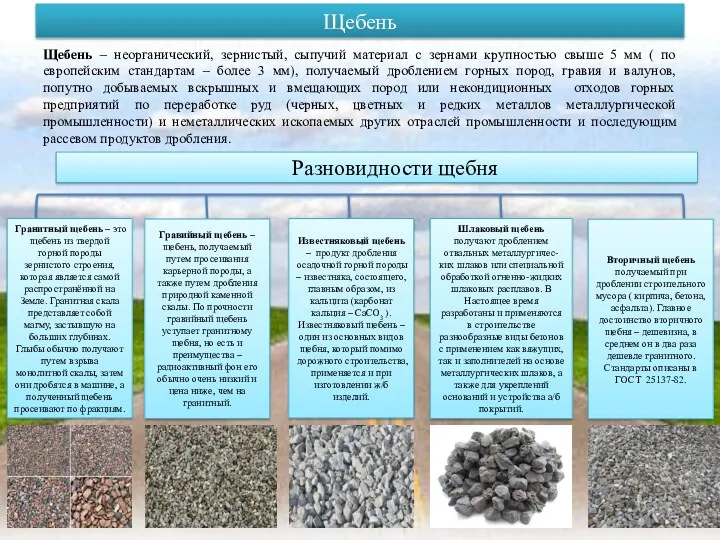 Щебень Щебень – неорганический, зернистый, сыпучий материал с зернами крупностью