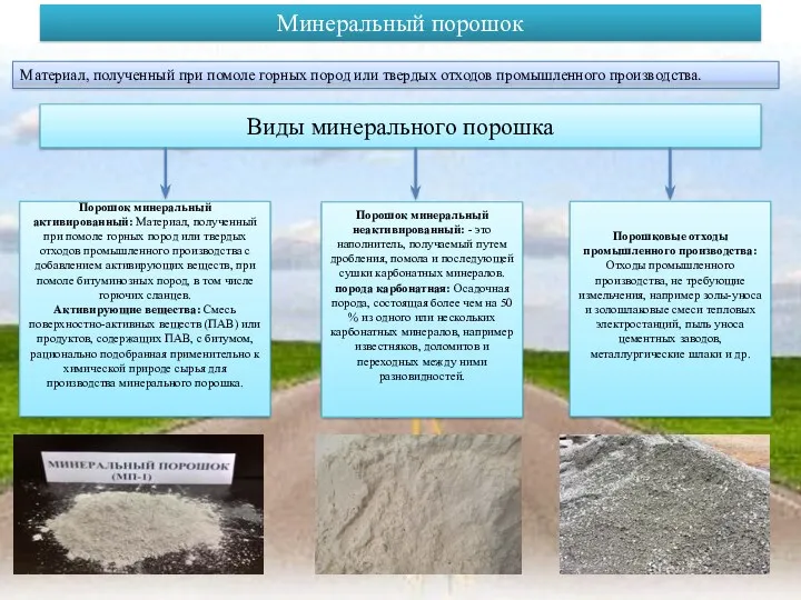 Минеральный порошок Материал, полученный при помоле горных пород или твердых отходов промышленного производства.