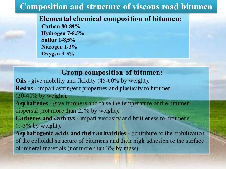 Group composition of bitumen: Oils - give mobility and fluidity (45-60% by weight).