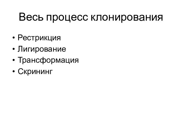 Весь процесс клонирования Рестрикция Лигирование Трансформация Скрининг