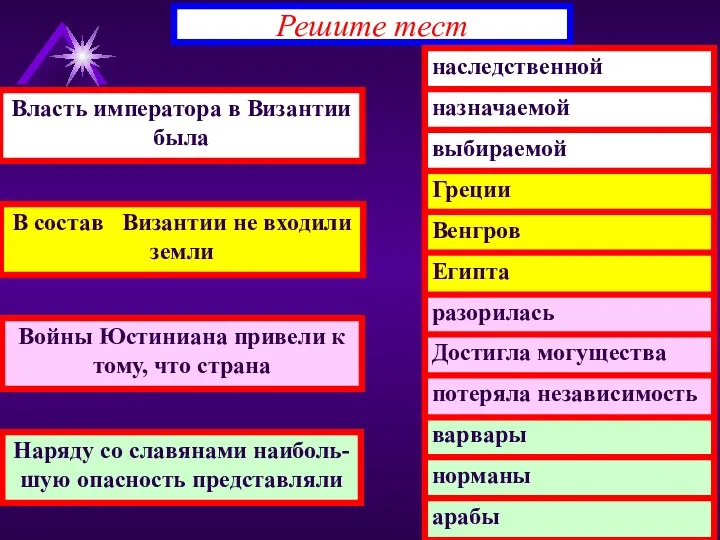 Решите тест Власть императора в Византии была В состав Византии