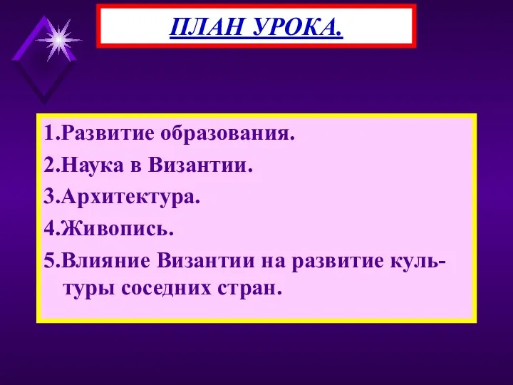 1.Развитие образования. 2.Наука в Византии. 3.Архитектура. 4.Живопись. 5.Влияние Византии на развитие куль-туры соседних стран. ПЛАН УРОКА.