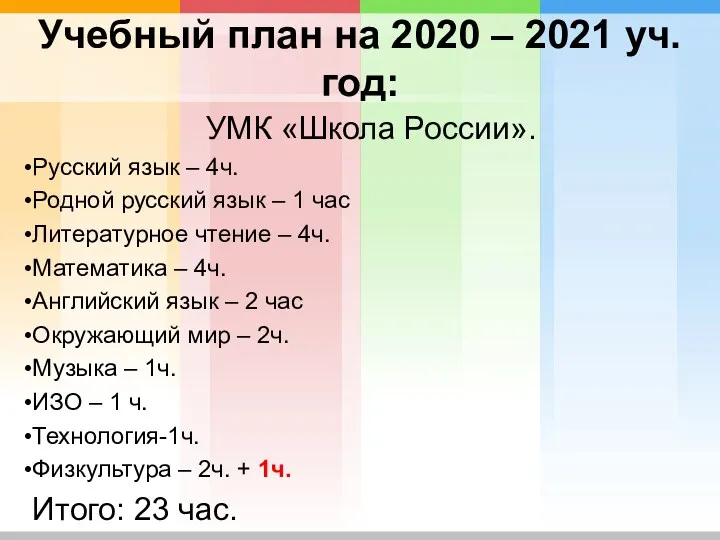 Учебный план на 2020 – 2021 уч.год: УМК «Школа России».