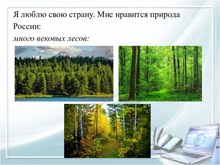 Я люблю свою страну. Мне нравится природа России: много вековых лесов: