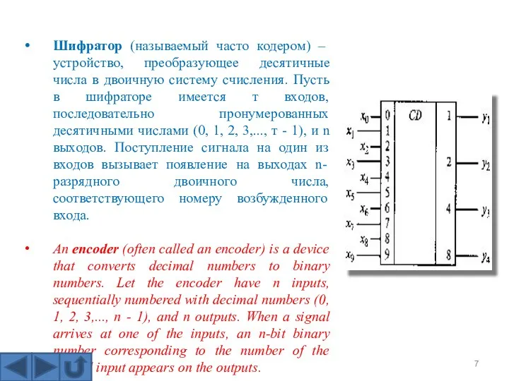 Шифратор (называемый часто кодером) – устройство, преобразующее десятичные числа в