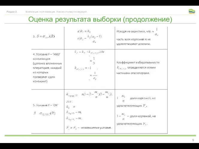 Оценка результата выборки (продолжение) Раздел 2. Компиляция и оптимизация. Анализ стоимости операций.