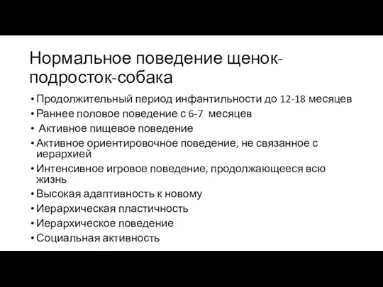 Нормальное поведение щенок-подросток-собака Продолжительный период инфантильности до 12-18 месяцев Раннее половое поведение с