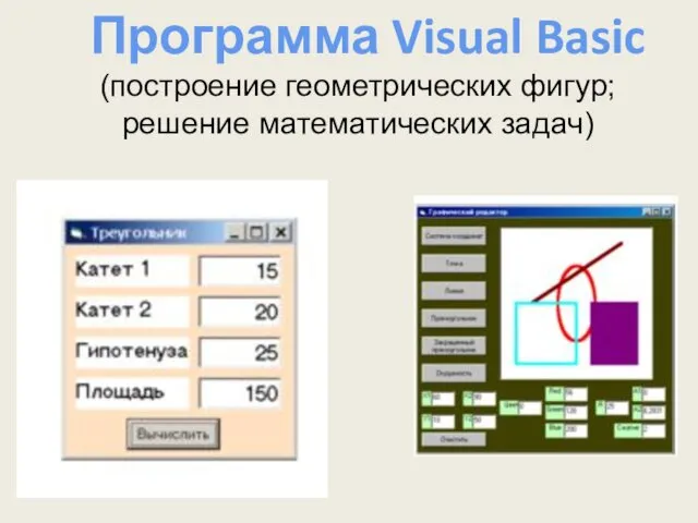 (построение геометрических фигур; решение математических задач) Программа Visual Basic