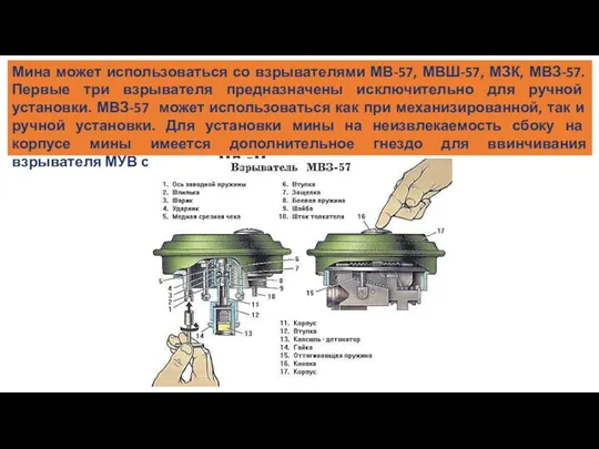 Мина может использоваться со взрывателями МВ-57, МВШ-57, МЗК, МВЗ-57. Первые