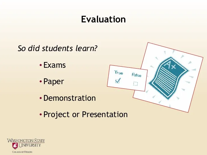 Evaluation So did students learn? Exams Paper Demonstration Project or Presentation