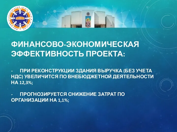 ФИНАНСОВО-ЭКОНОМИЧЕСКАЯ ЭФФЕКТИВНОСТЬ ПРОЕКТА: - ПРИ РЕКОНСТРУКЦИИ ЗДАНИЯ ВЫРУЧКА (БЕЗ УЧЕТА