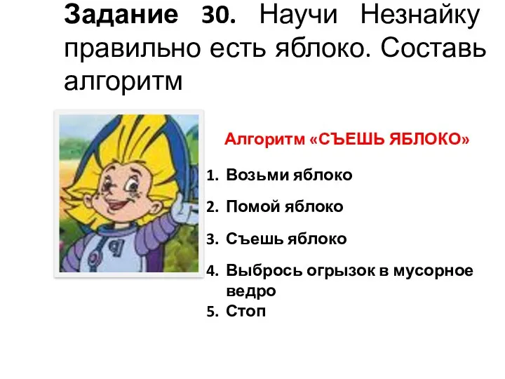 Задание 30. Научи Незнайку правильно есть яблоко. Составь алгоритм Алгоритм