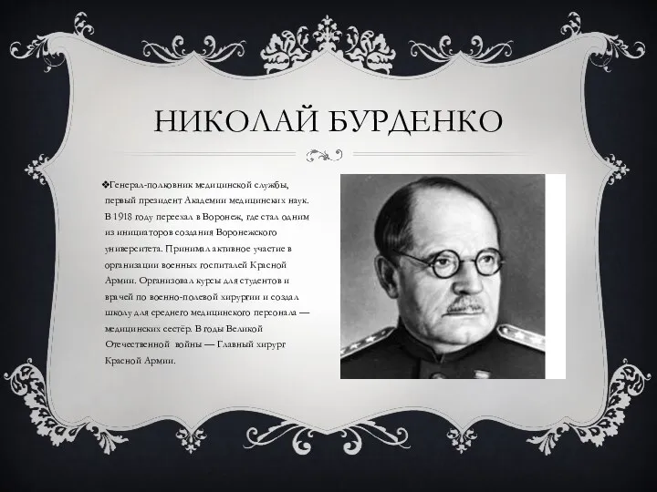 НИКОЛАЙ БУРДЕНКО Генерал-полковник медицинской службы, первый президент Академии медицинских наук.