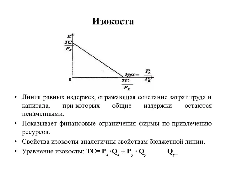 Изокоста Линия равных издержек, отражающая сочетание затрат труда и капитала,