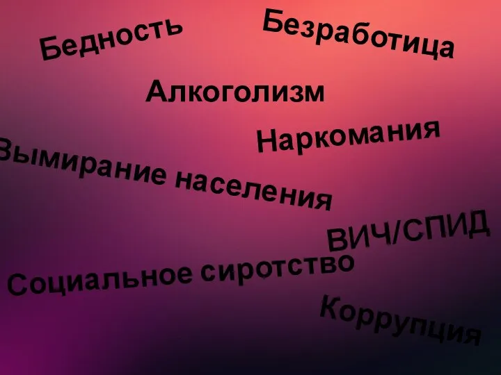 Бедность Безработица Алкоголизм Наркомания ВИЧ/СПИД Социальное сиротство Коррупция Вымирание населения