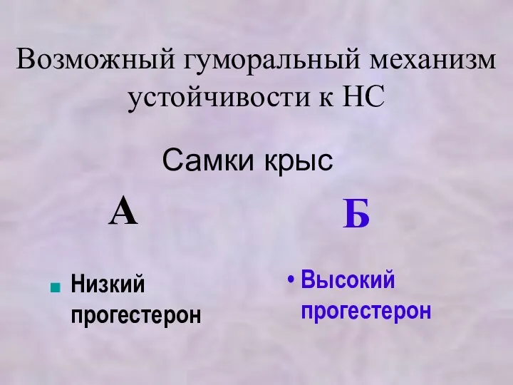 Самки крыс Высокий прогестерон Низкий прогестерон Б А Возможный гуморальный механизм устойчивости к НС