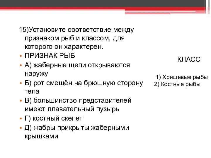 15)Установите соответствие между признаком рыб и классом, для которого он