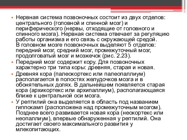 Нервная система позвоночных состоит из двух отделов: центрального (головной и