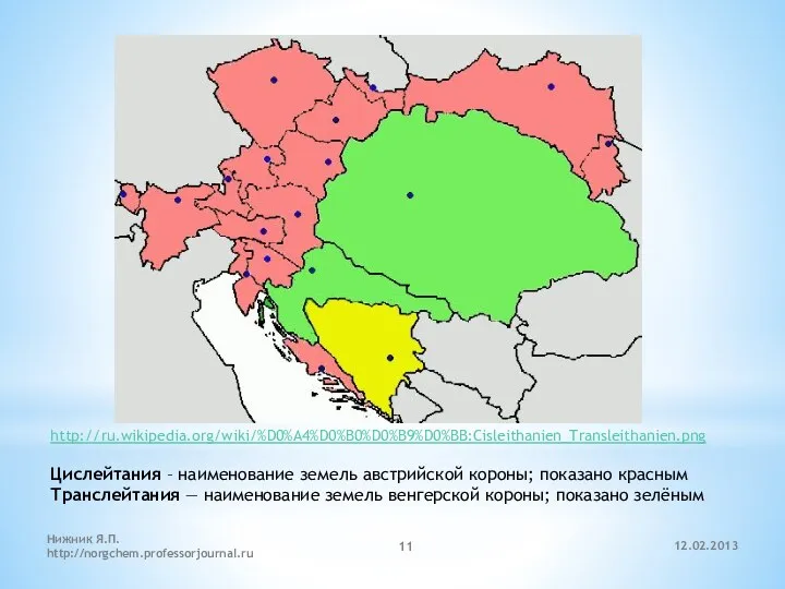 12.02.2013 Нижник Я.П. http://norgchem.professorjournal.ru http://ru.wikipedia.org/wiki/%D0%A4%D0%B0%D0%B9%D0%BB:Cisleithanien_Transleithanien.png Цислейтания – наименование земель австрийской