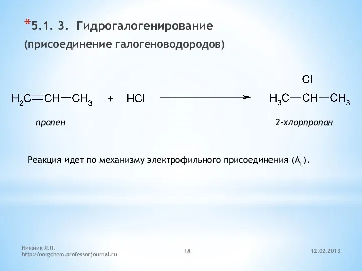 12.02.2013 Нижник Я.П. http://norgchem.professorjournal.ru 5.1. 3. Гидрогалогенирование (присоединение галогеноводородов) пропен